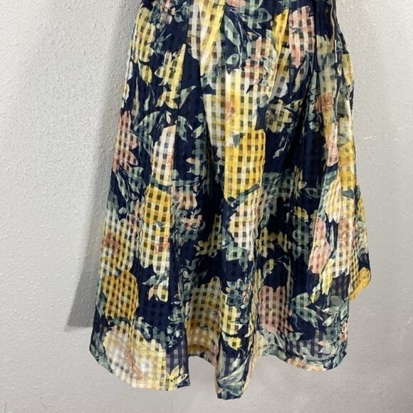 NWT Anne Klein navy floral belted check square fit and flare dress 8 UU10 - Picture 7 of 14